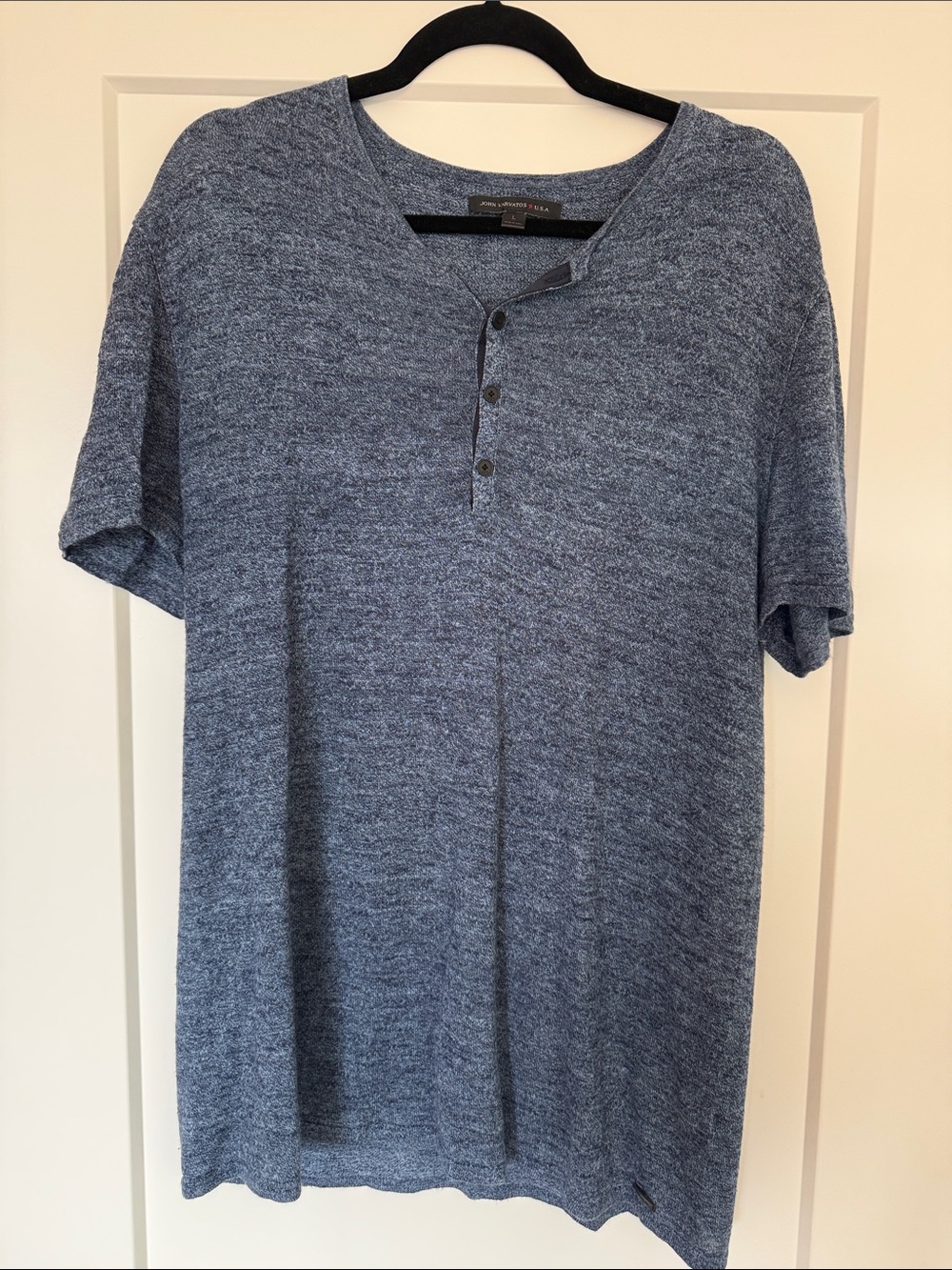 John Varvatos Heathered Blue Short-Sleeve Henley Button-Front Shirt